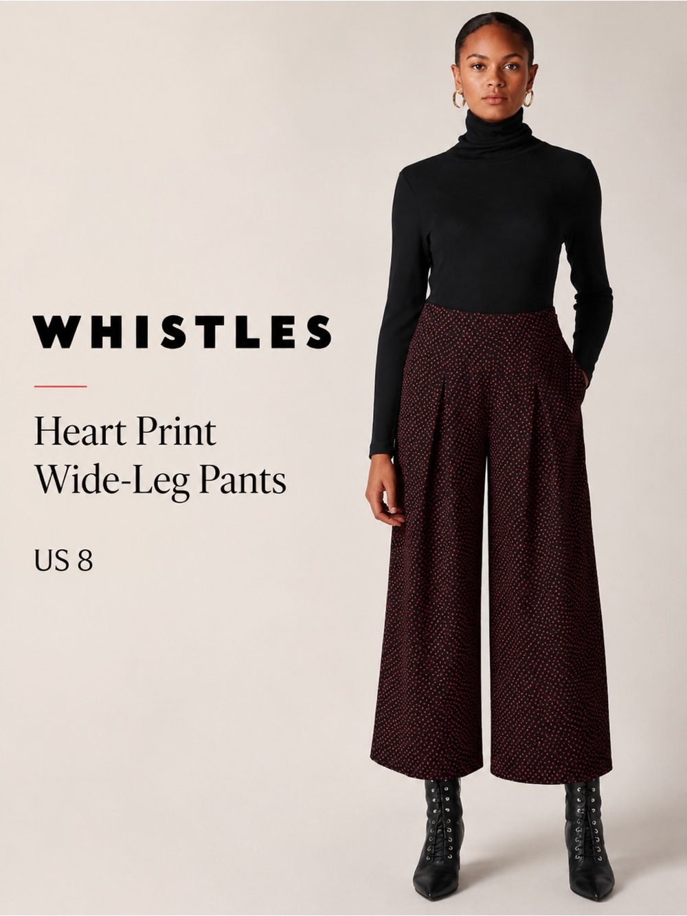 Whistles Mari Heart Print Wide-Leg Pants Size 8